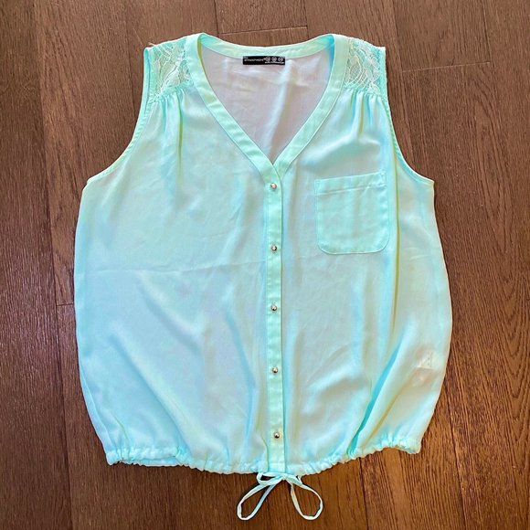 Sheer Mint Green Sleeveless Button Down Shirt Blouse - Picture 1 of 4